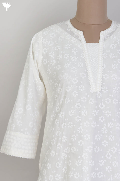 Cambric Cotton Lace Top With Ivory Block Print