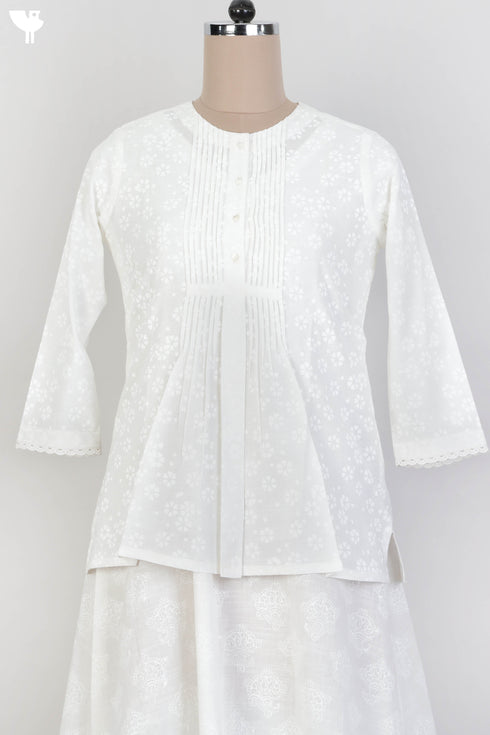 Slub Cotton Pleated Top With Ivory Block Print