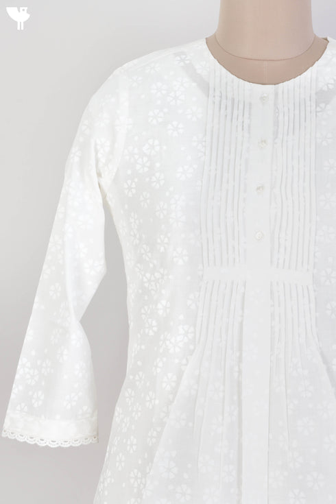 Slub Cotton Pleated Top With Ivory Block Print