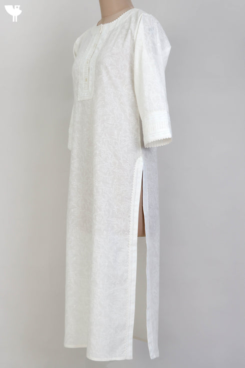 Slub Cotton Kurta With Lace In Ivory White Block Print