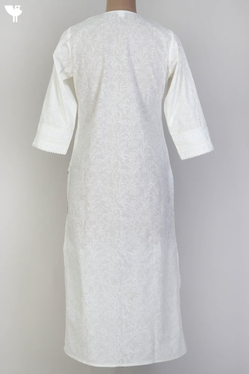 Slub Cotton Kurta With Lace In Ivory White Block Print