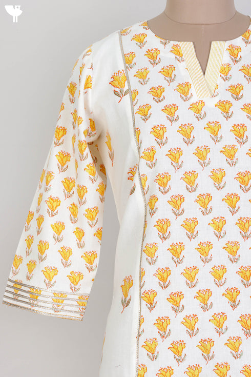 Khaadi Cotton Kurta With Floral Block Print and Gota Embroidery