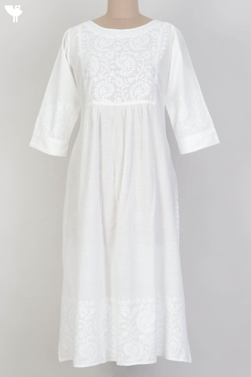 Slub Cotton Kurta With Chikankari EmbroideryIn Ivory White