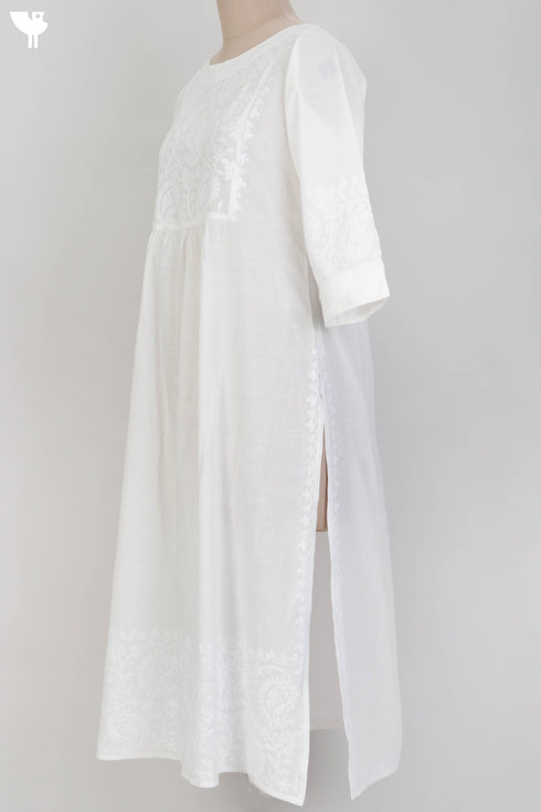 Slub Cotton Kurta With Chikankari EmbroideryIn Ivory White