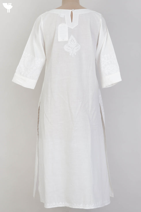 Slub Cotton Kurta With Chikankari EmbroideryIn Ivory White