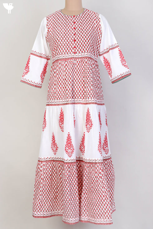 Cambric Cotton Tiered Dress With Floral Block Print