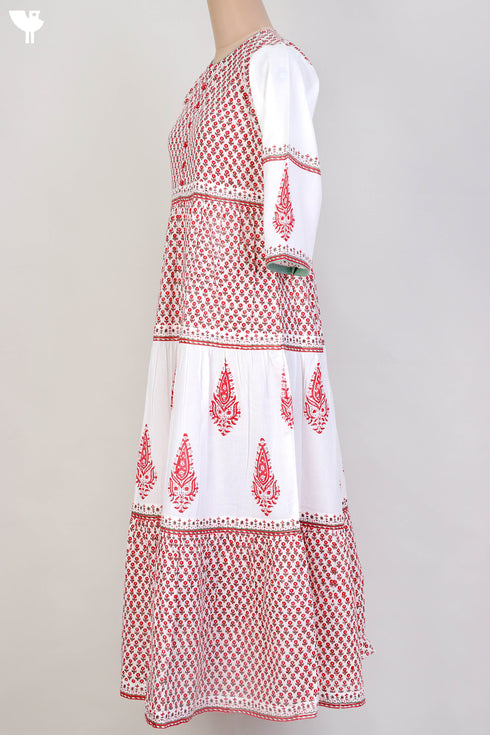 Cambric Cotton Tiered Dress With Floral Block Print