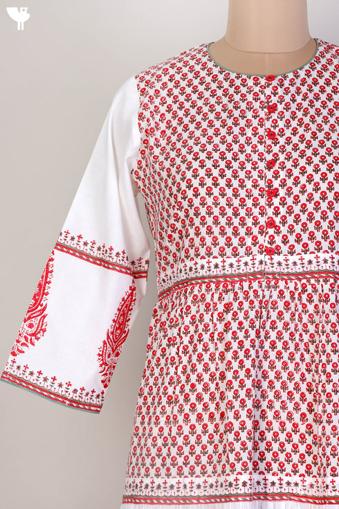 Cambric Cotton Tiered Dress With Floral Block Print