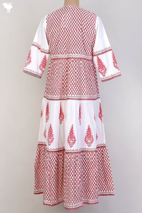Cambric Cotton Tiered Dress With Floral Block Print