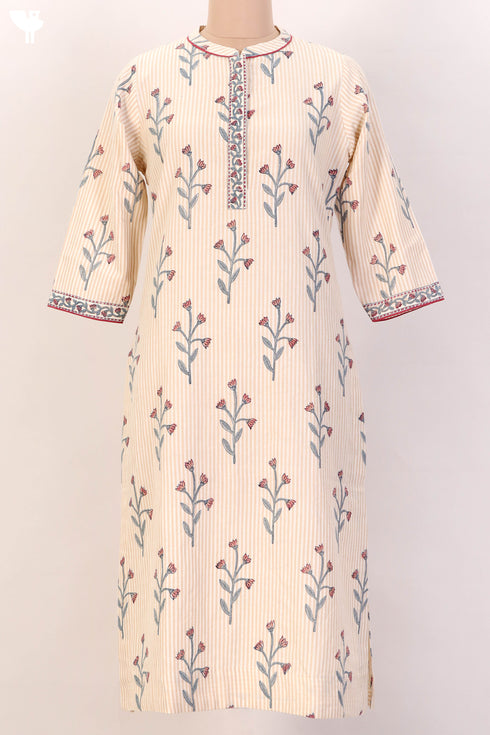Organic Cotton Striped Kurta With Floral Block Print