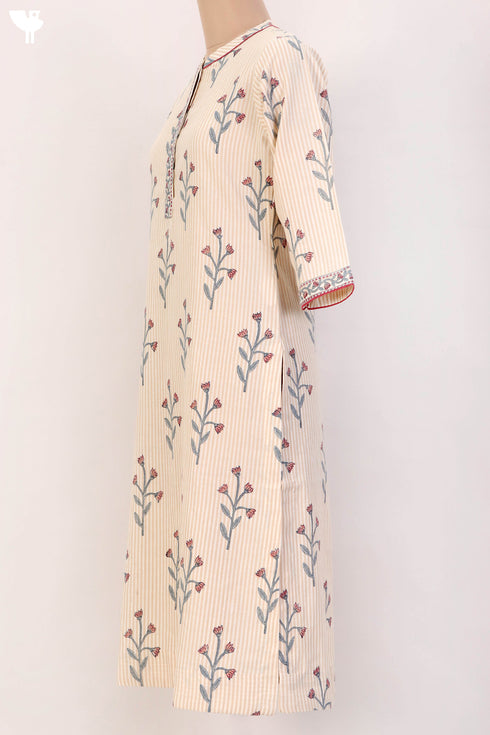Organic Cotton Striped Kurta With Floral Block Print