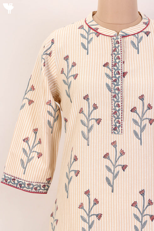 Organic Cotton Striped Kurta With Floral Block Print