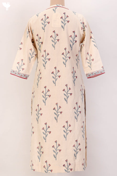 Organic Cotton Striped Kurta With Floral Block Print