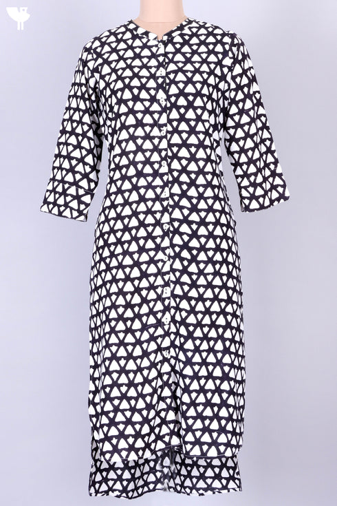 Rayon Button Down Kurta In Graphic Block Print