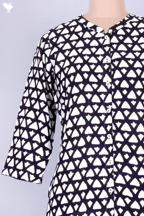 Rayon Button Down Kurta In Graphic Block Print