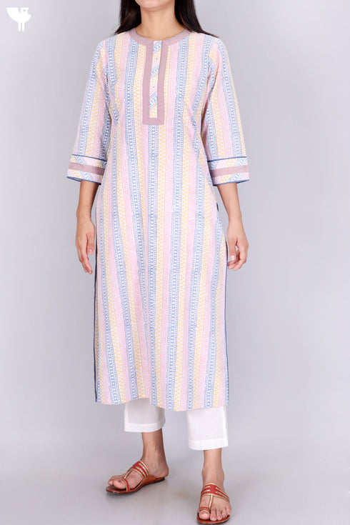 Cambric Cotton Kurta With Graphic Block Print
