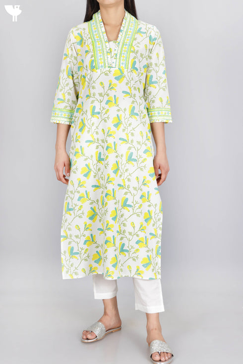 Cambric Cotton Kurta In Floral Block Print