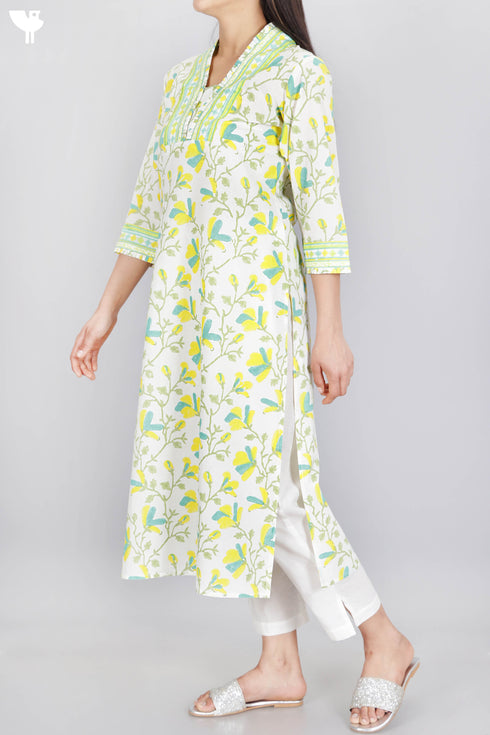 Cambric Cotton Kurta In Floral Block Print