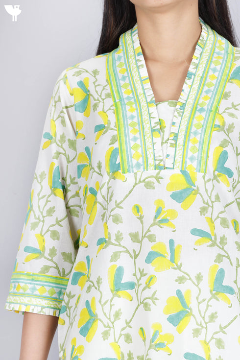 Cambric Cotton Kurta In Floral Block Print