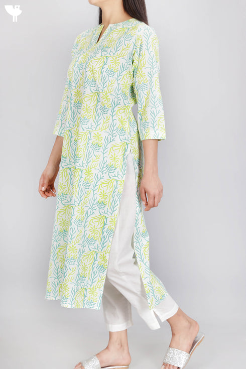 Cambric Cotton Kurta In Floral Block Print
