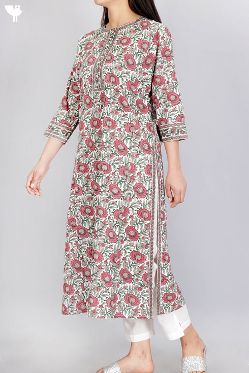 Cambric Cotton Kurta With Floral Block Print