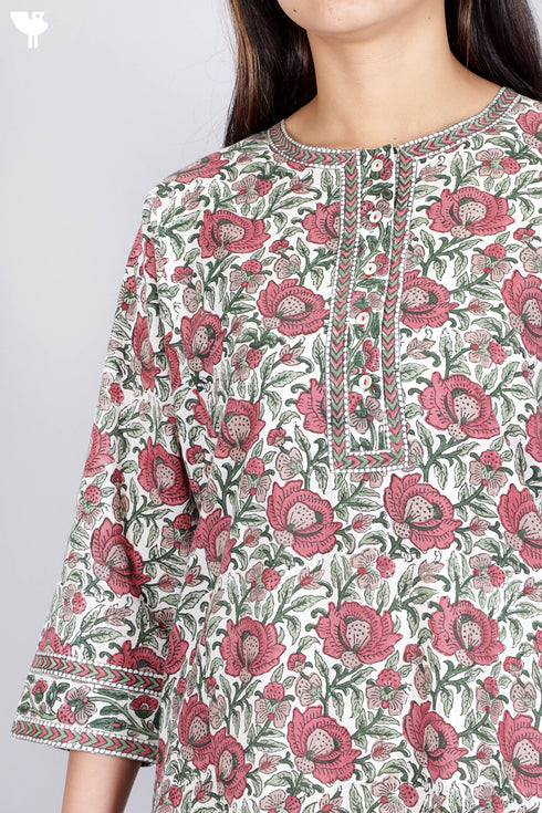 Cambric Cotton Kurta With Floral Block Print