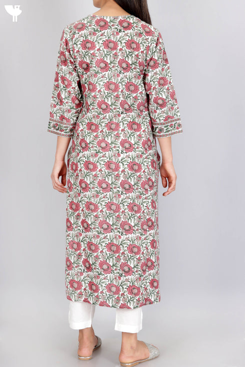 Cambric Cotton Kurta With Floral Block Print