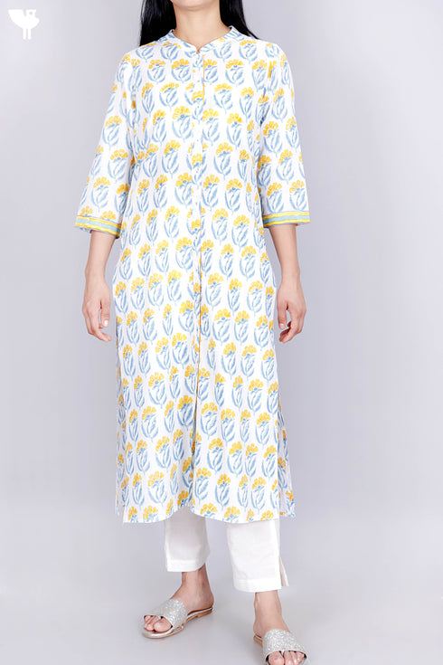 Cambric Cotton Kurta In Floral Block Print