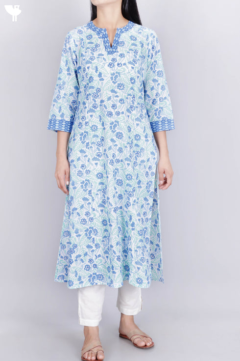 Cambric Cotton Kurta In Floral Block Print