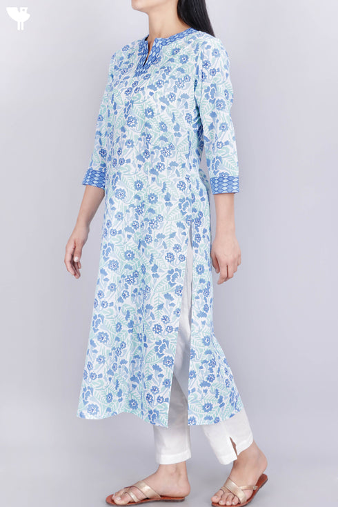 Cambric Cotton Kurta In Floral Block Print