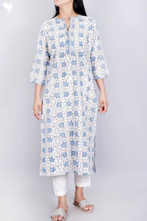Cambric Cotton Kurta With Floral Block Print