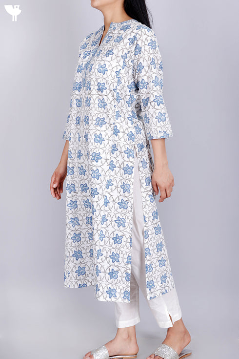 Cambric Cotton Kurta With Floral Block Print