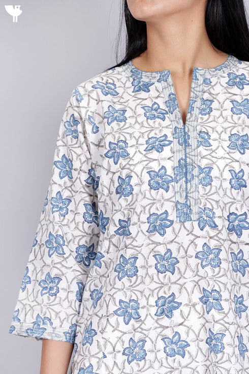 Cambric Cotton Kurta With Floral Block Print