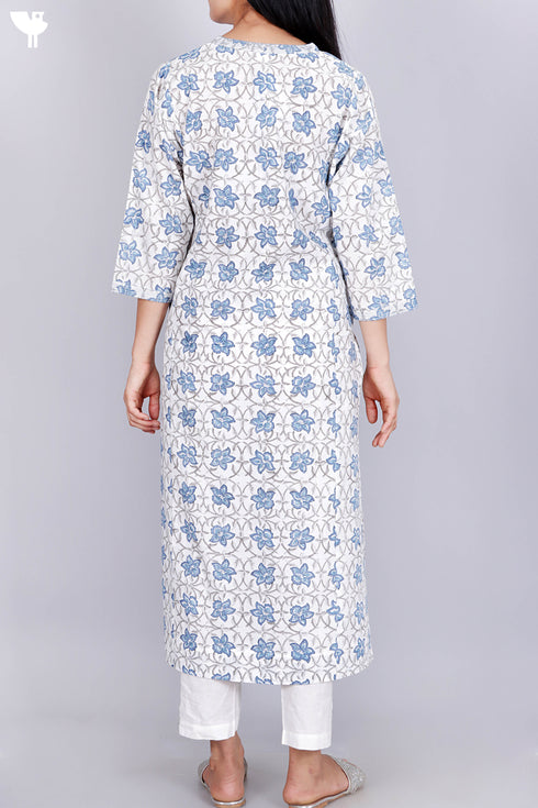 Cambric Cotton Kurta With Floral Block Print
