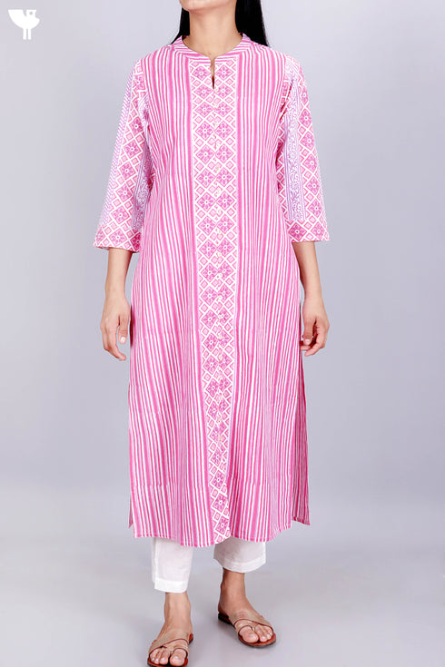 Cambric Cotton Button Down Kurta With Striped Block Print