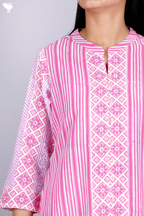 Cambric Cotton Button Down Kurta With Striped Block Print