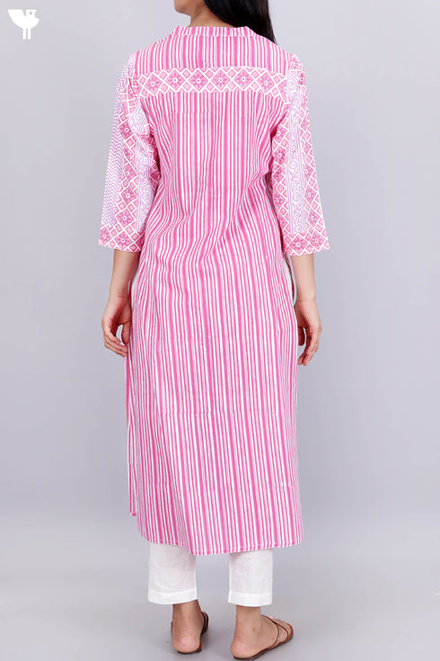 Cambric Cotton Button Down Kurta With Striped Block Print
