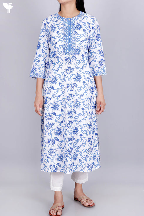 Cambric Cotton Kurta With Floral Block Print