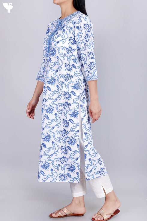 Cambric Cotton Kurta With Floral Block Print