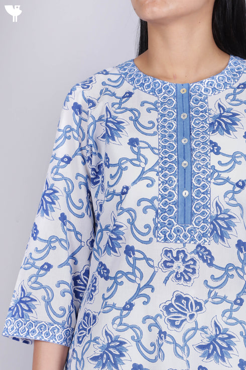 Cambric Cotton Kurta With Floral Block Print