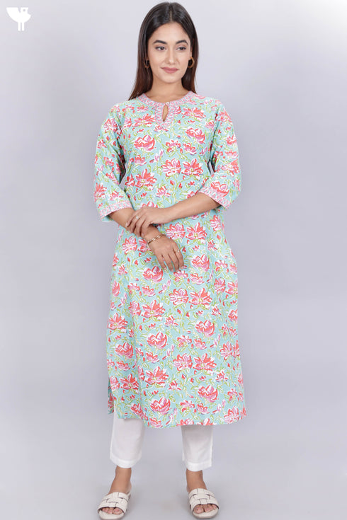 Cambric Cotton Kurta In Floral Block Print