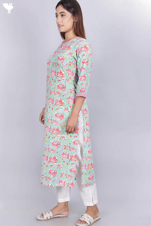 Cambric Cotton Kurta In Floral Block Print