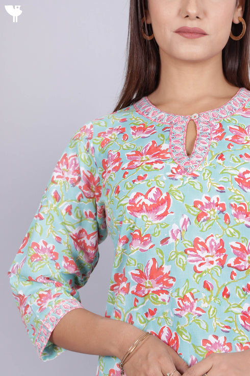 Cambric Cotton Kurta In Floral Block Print