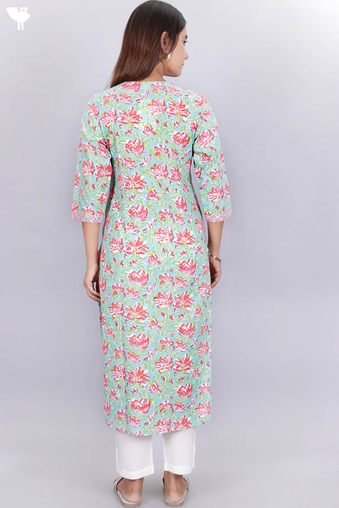 Cambric Cotton Kurta In Floral Block Print