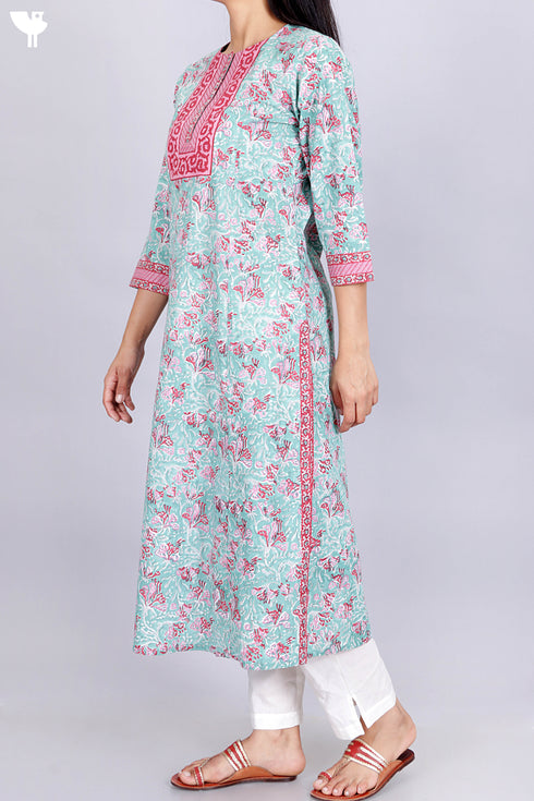 Cambric Cotton Kurta In Floral Block Print