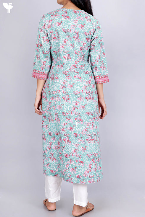 Cambric Cotton Kurta In Floral Block Print