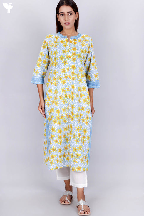 Cambric Cotton Kurta In Floral Block Print