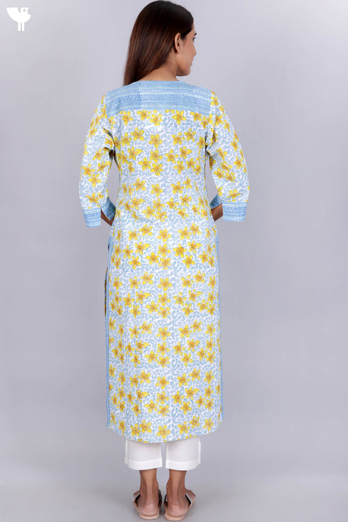 Cambric Cotton Kurta In Floral Block Print