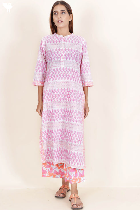 Cambric Cotton Kurta In Floral Block Print
