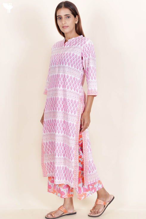 Cambric Cotton Kurta In Floral Block Print
